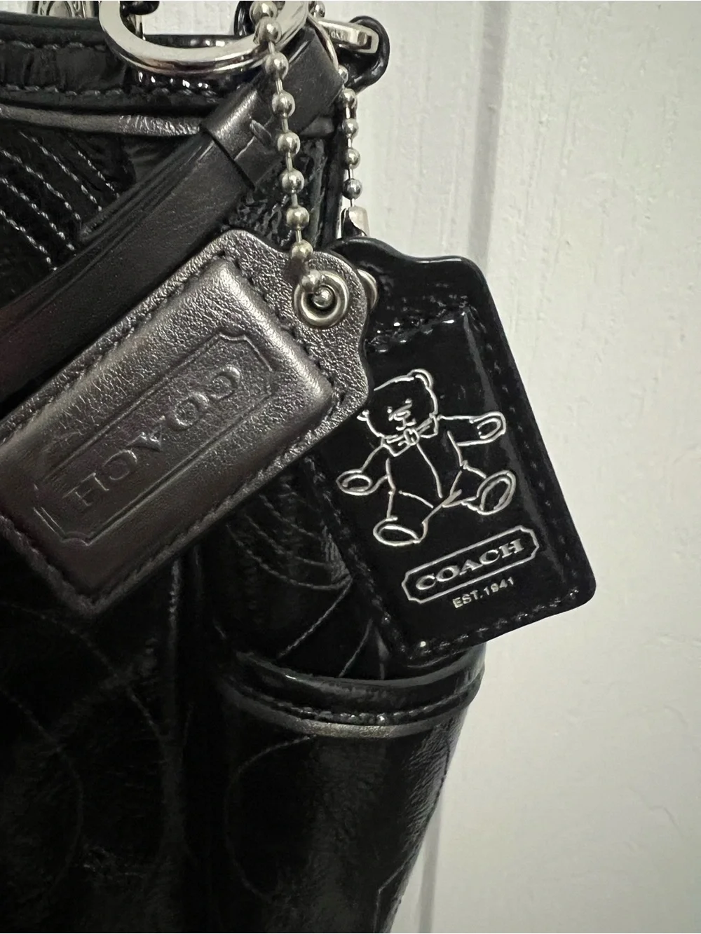 Coach Black Patent Circle-Pattern Tote